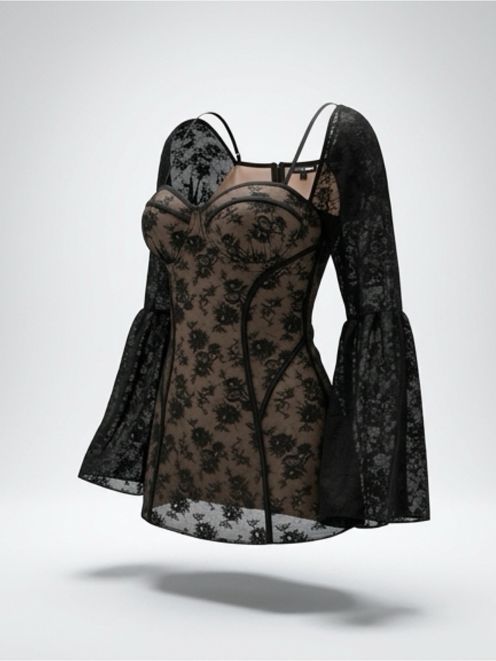 Sheer Black Floral Lace Bustier dress with Bell Sleeves